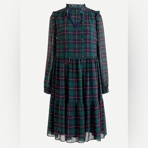 J. Crew Tie Neck Tiered Dress in Black Watch Tartan Green Navy Red Color sz XL